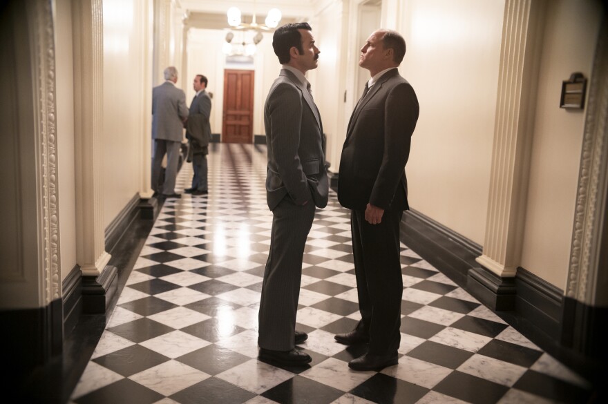 Justin Theroux as G. Gordon Liddy and Woody Harrelson as E. Howard Hunt in ‘White House Plumbers.’ 
