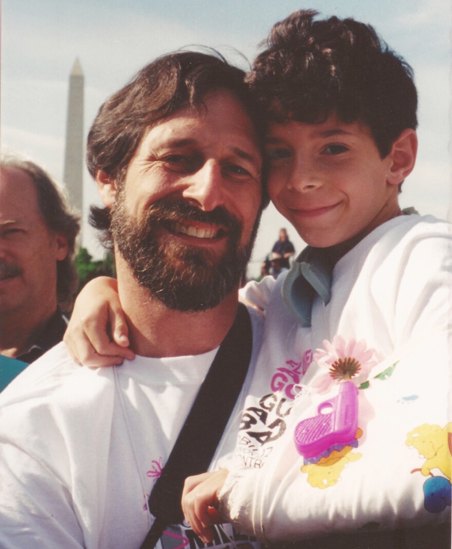 Alan Stepakoff and his son, Josh, in Washington, D.C., for the Million Mom March rally in May 2000, the year after Josh was shot at his Jewish day camp.