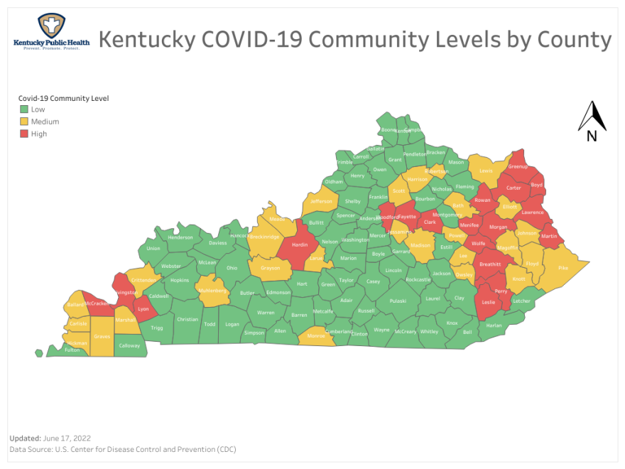 Kentucky COVID-19 community levels by county.