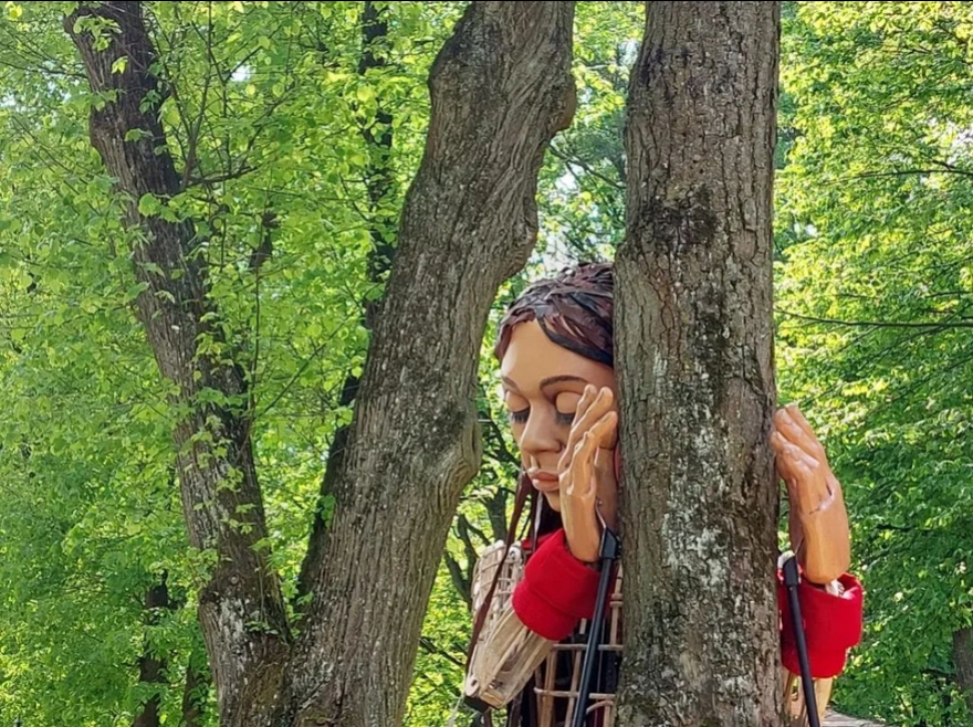 Little Amal at a stop along her journey