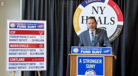 Ellen Abbott / WRVO News Fred Kowal, president of United University Professions, speaks at SUNY ESF Thursday