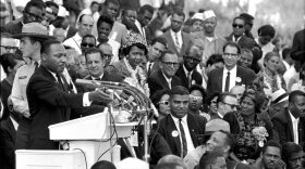 Martin Luther King, Jr. at the March on Washington; Mahalia Jackson wearing corsage at lower right