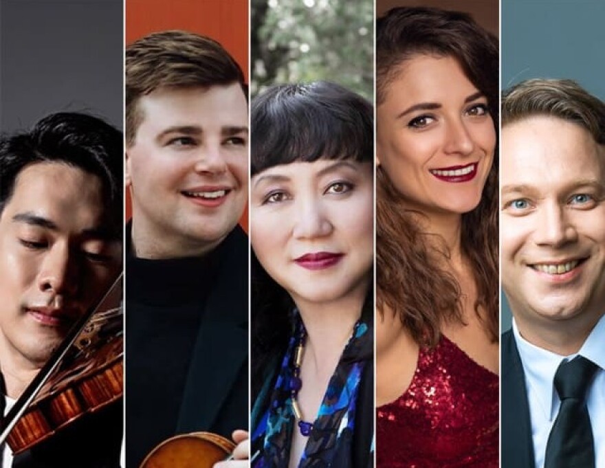 A composition with five portraits of musicians placed side by side.