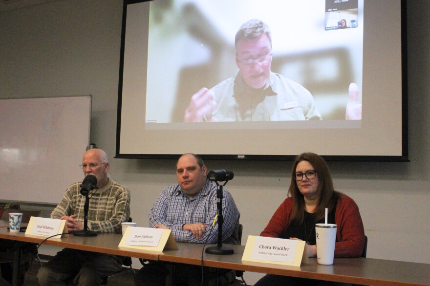 Clockwise from lower left, Paul Whitney, Chuck Winters, Chera Wackler and Dan Nelson participate in a candidate forum on Wendesday, Oct. 21, 2026 in Soldotna, Alaska.