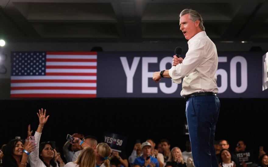 Gov. Gavin Newsom speaks during a campaign event on Proposition 50, Nov. 1, 2025, in Los Angeles, Calif.