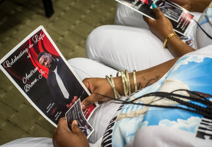 A funeral service was held Monday at Fountain of Life Church in Elizabeth City, NC, for Andrew Brown, Jr. Brown, a 42-year-old Black man, was shot five times, including once in the back of the head, when Pasquotank County deputies tried to serve drug-related search and arrest warrants at his home April 21. (Kate Medley / WUNC)
