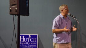 District Three Alachua County Commissioner Robert Hutchinson delivers a speech to a crowd of supporters at First Magnitude Brewery Tuesday night. Hutchinson won against contender Larry McDaniel in his race for reelection. (Laura Cardona/WUFTNews)