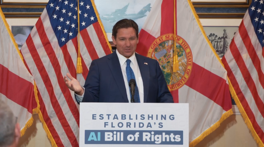 Gov. Ron DeSantis at a press conference in the Villages.
