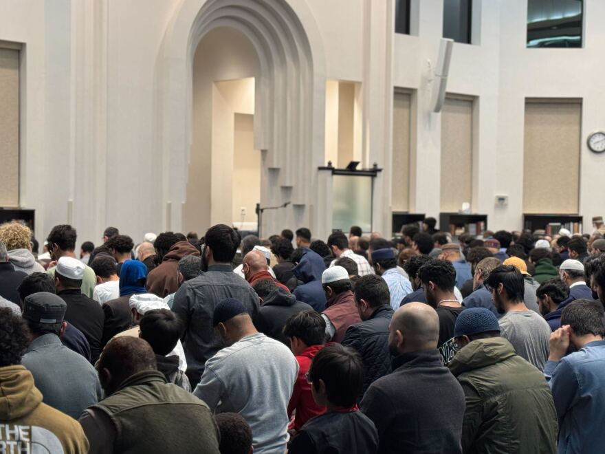 A group of men praying at the East Plano Islamic Center on Dec. 17, 2024.