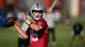 FILE - Las Vegas Raiders quarterback Fernando Mendoza throws during the NFL football team's practice Wednesday, June 10, 2026, in Henderson, Nev. (AP Photo/John Locher)