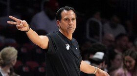 Miami Heat head coach Erik Spoelstra gestures from courtside