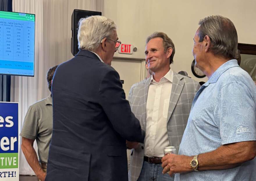 Republican Assemblyman James Gallagher, center, celebrates his projected win in the special election for California's 1st Congressional District on Tuesday, June 2, 2026, at The Palms in Chico, Calif.