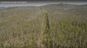 A screen capture from a NorthWestern Energy video shows a powerline corridor that must be cleared of hazard trees to help prevent wildfires.