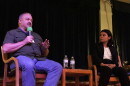 Ward 5 Incumbent Mike Clark (left) speaks while challenger Athena Aguiar (right) looks on during a September 18, 2026 City Club of Eugene forum.