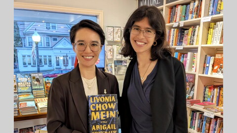 Where We Live Host Catherine Shen with author Abigail Savitch-Lew's and her debut novel, “Livonia Chow-Mein” at the River Bend Bookshop in West Hartford.