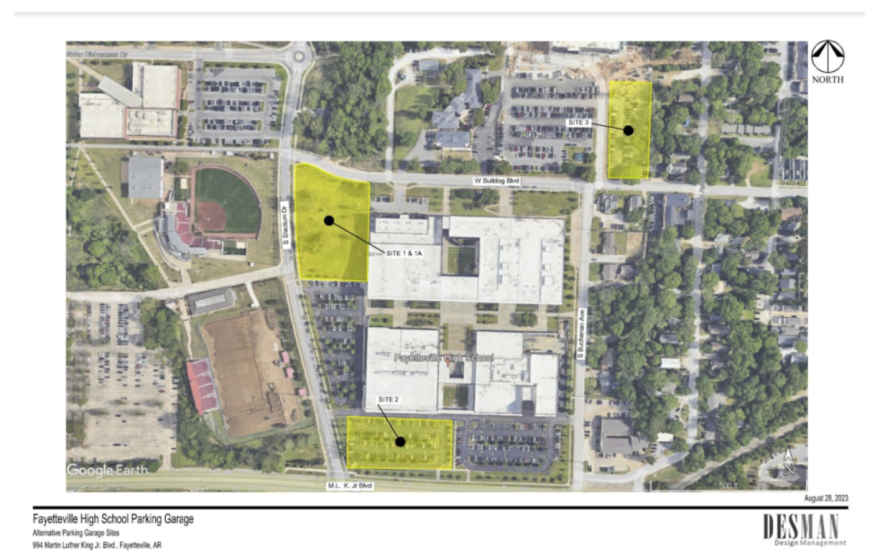Three proposed parking garage locations on the FHS campus.
