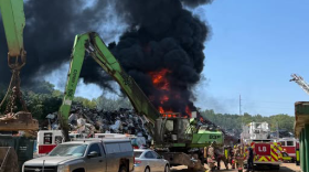 Akron fire crews on the scene of a fire at a recycling center on North Arlington Street.