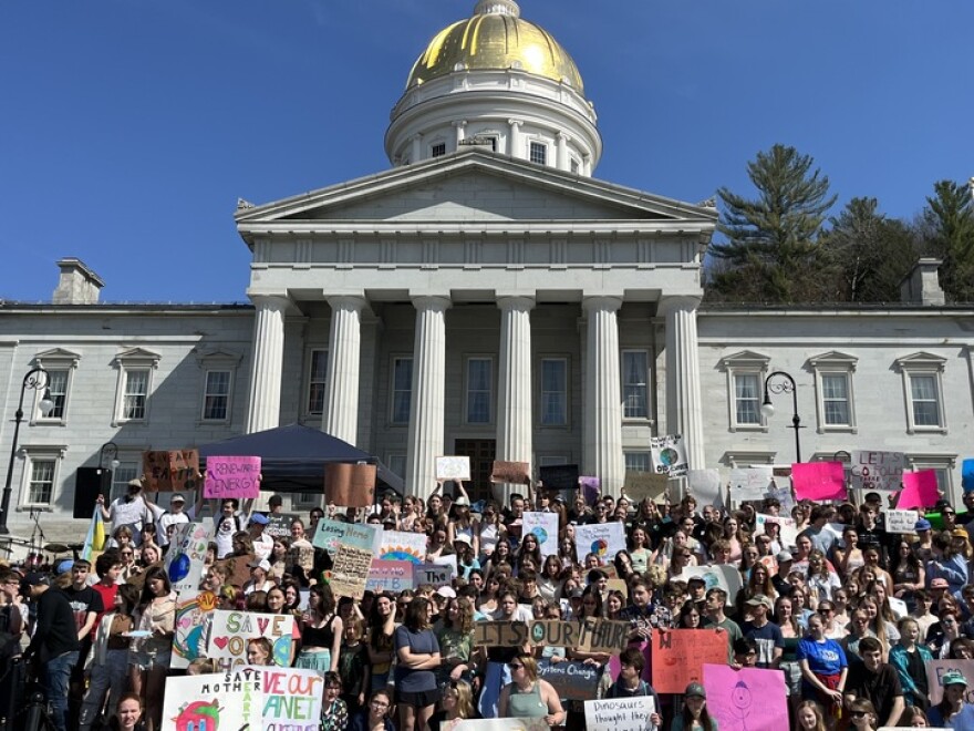 A large group of students holding signs gather on the steps of the State House