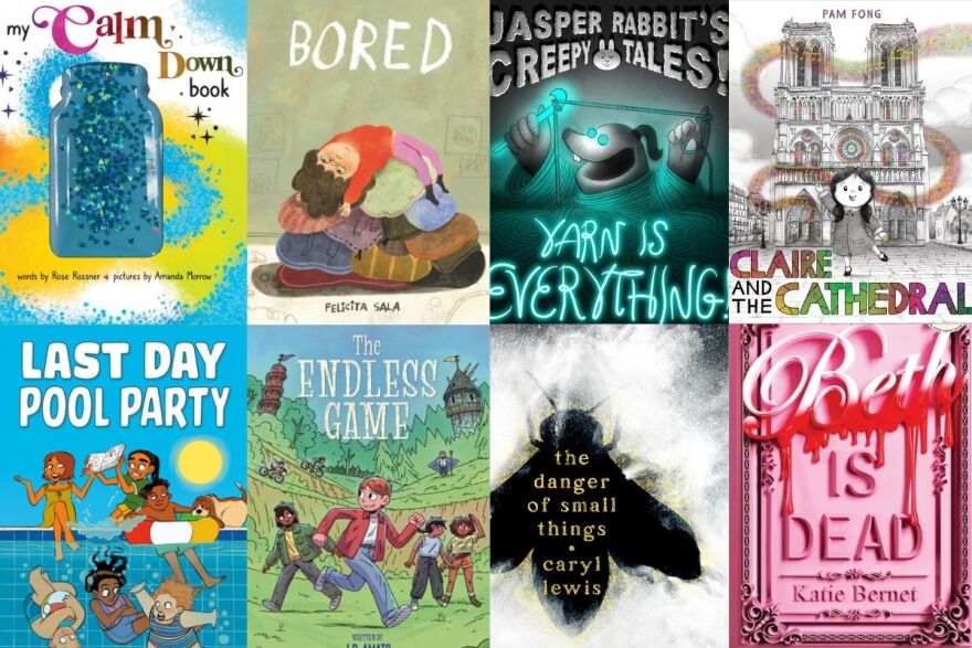 Book covers of several recommended books including "Bored," "The Calm Down Book," "Claire and the Cathedral," and "Beth is Dead." 