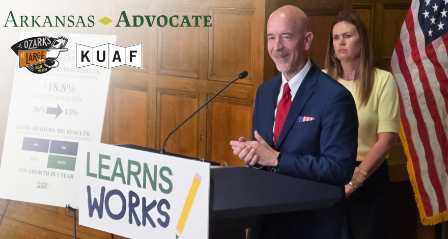 From left: Arkansas Education Secretary Jacob Oliva and Gov. Sarah Huckabee Sanders tout the improvements in public school students’ test scores at a press conference at the Arkansas Capitol on June 18, 2026.