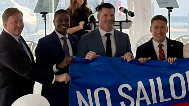 Newport News Mayor Phillip Jones, Hunt Military Communities President Brian Stann and Acting Navy Secretary Hung Cao announce a deal to allow Hunt to run the barracks in Hampton Roads.