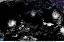 A satellite image shows from left to right, Hurricane Lowell, Hurricane Karina and Hurricane Marie in the Pacific on Friday night.