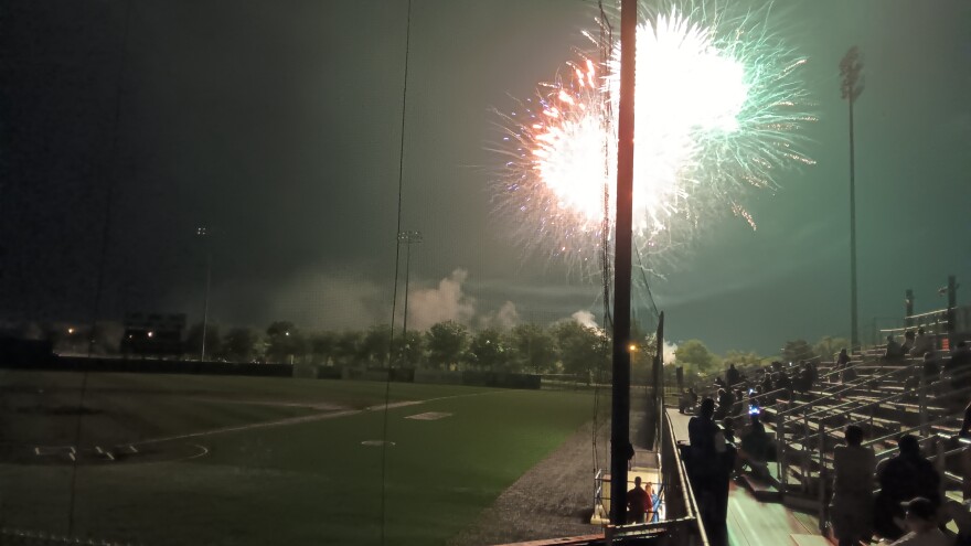 Fireworks as seen from the seats inside Sal Maglie Stadium in Niagara Falls, New York on Independence Day in 2024.