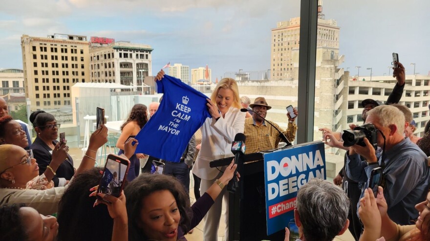 Donna Deegan celebrates with supporters at Estrella Cocina after winning the Jacksonville mayoral election Tuesday, May 16, 2023.