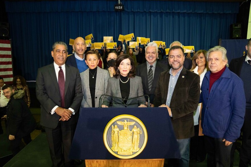 Gov. Kathy Hochul joined with Latino leaders to support her choice for the next chief judge of the state, Hector LaSalle, on Jan. 14, 2023.