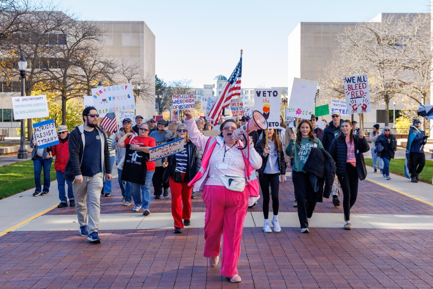 Thousands marched around Capitol Square in Lansing, Mich., for the fourth No Kings rally on Oct. 17, 2026.