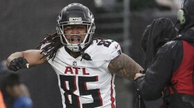 Atlanta Falcons tight end MyCole Pruitt (85) celebrates after scoring a touchdown against the New York Jets during the second quarter of an NFL football game, Sunday, Dec. 3, 2023, in East Rutherford, N.J. (AP Photo/Adam Hunger)
