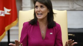Outgoing U.S. Ambassador to the United Nations Nikki Haley speaks during a meeting with President Donald Trump in the Oval Office of the White House, Tuesday, Oct. 9, 2018, in Washington. (AP Photo/Evan Vucci)