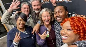 KSUT visits the staff of 104.7 The Drop during the recent NPR conference in Denver. (L-R): Drop Program Director Nikki Swarn; KSUT's Mark Duggan, Ken Brott, and Tami Graham; and The Drop's Unique and DJ Bella.