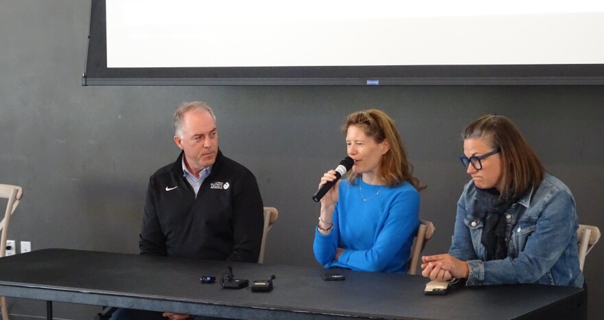 The March 24 panel featured Colin Hilton, of the Olympic Legacy Foundation, left; Sophie Goldschmidt, of U.S. Ski and Snowboard, center; and Catherine Raney-Norman, who sits on the organizing committee for the 2034 Games.