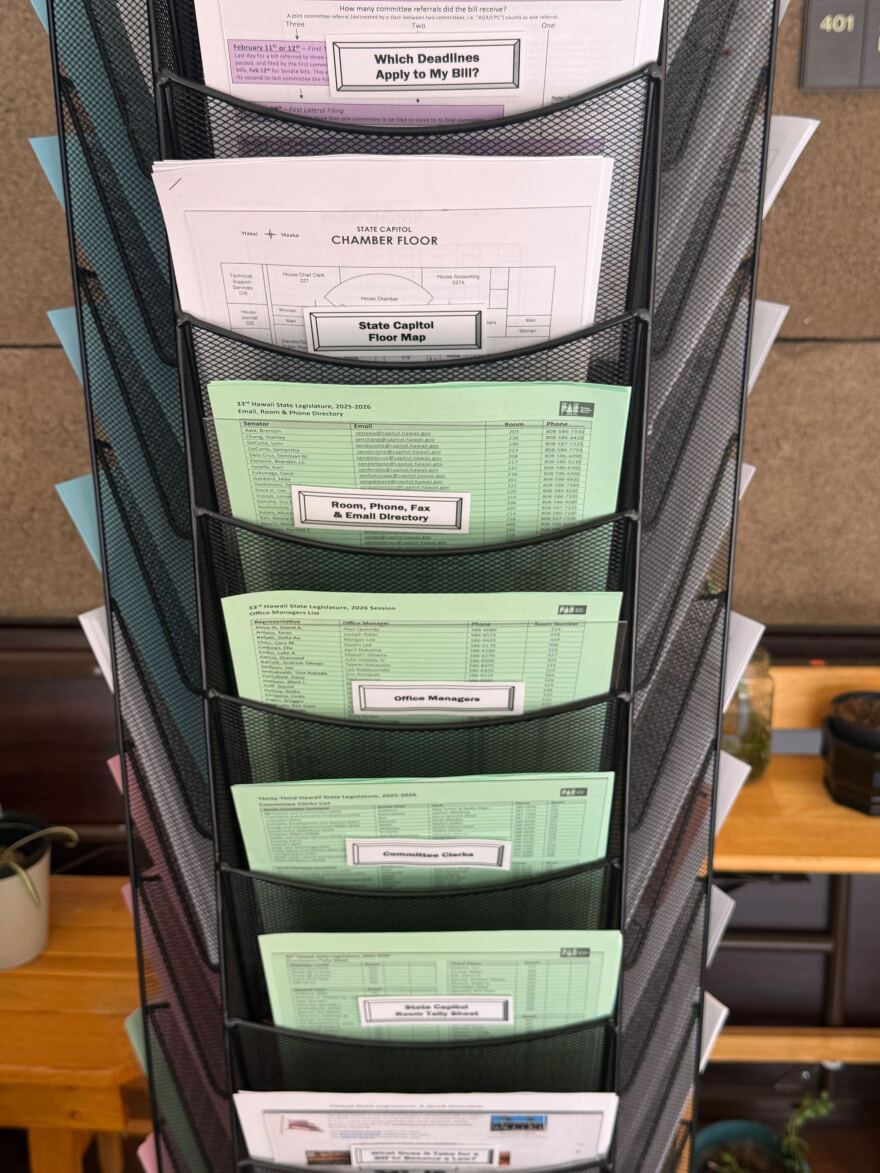 Various informational documents sit outside the Public Access Room at the state Capitol. (Feb 18, 2026)