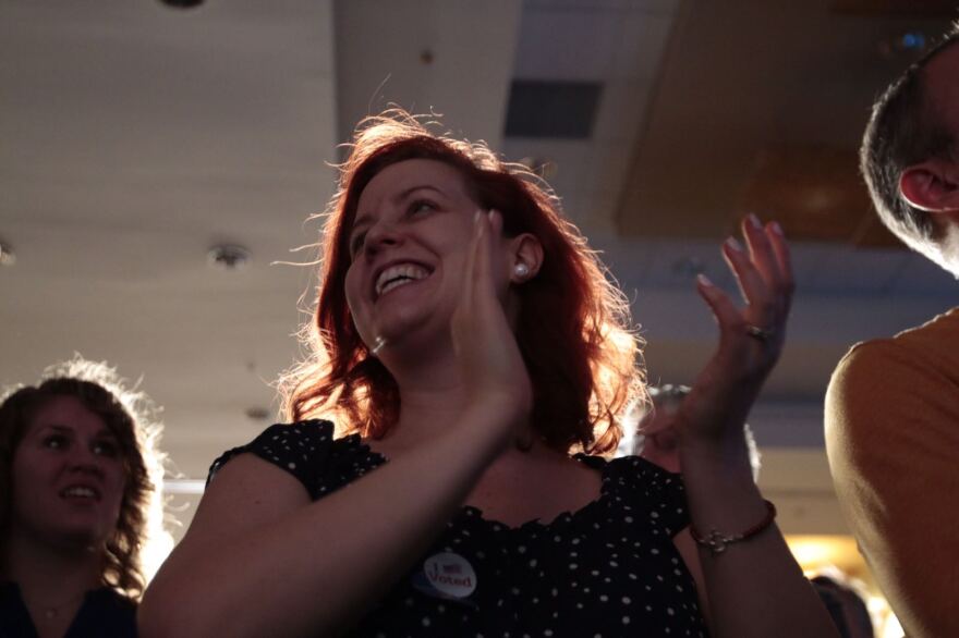 North Carolina Democratic Party supporter Hillary Buuck cheers at an Election Night event in Raleigh.