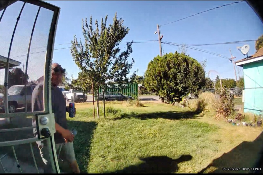 Ring camera footage shows a construction worker holding a tall can of beer while working at the property of an affected family in Planada.