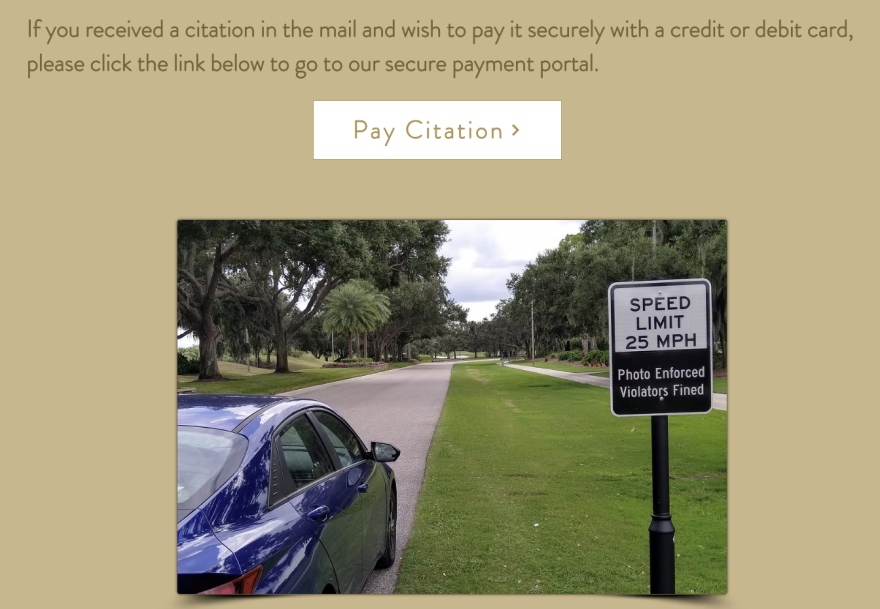 Screengrab of a web site that shows a blue car on the side of a road next to a sign that says Speed Limit 25 MPH and Pay Citation link