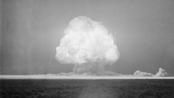 A mushroom cloud rises over the Trinity Test Site in New Mexico, 10 seconds after detonation of the world's first nuclear bomb, July 16, 1945.