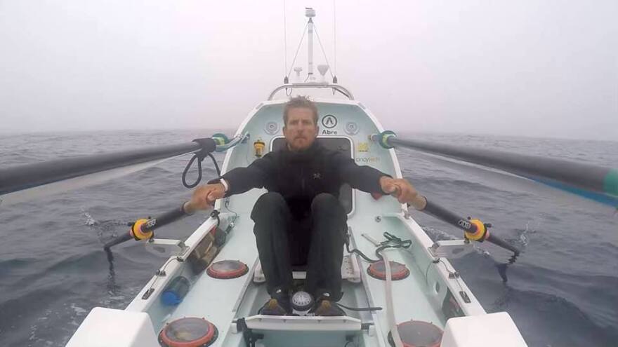 Bryce Carlson, rowing across the North Atlantic Ocean in his 20-foot boat, Lucille.