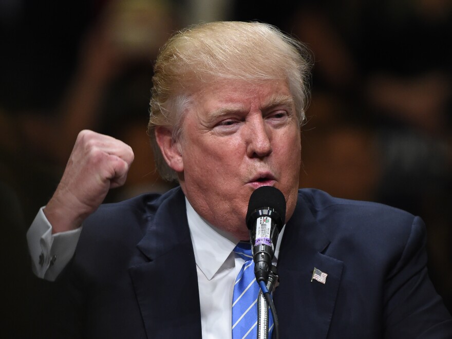 Now presumptive Republican presidential nominee Donald Trump addresses a campaign rally Wednesday in Anaheim, Calif.