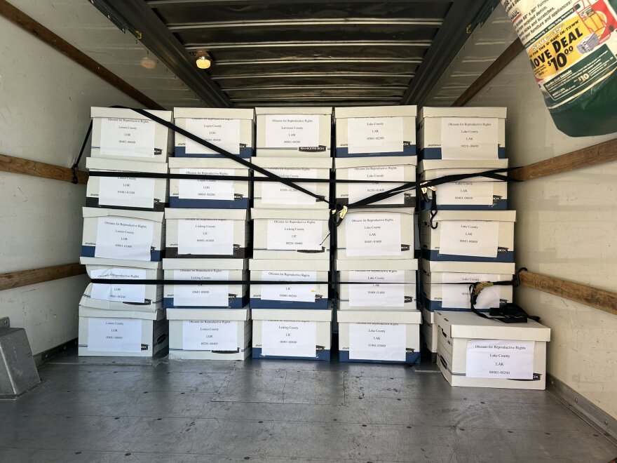 Boxes of petitions containing signatures supporting putting an abortion rights amendment on the November ballot sit in a U-Haul truck outside the Ohio Secretary of State's office, waiting to be unloaded. Hundreds of thousands of signatures to put that amendment before voters were brought by the amendment's supporters on the deadline for submission.