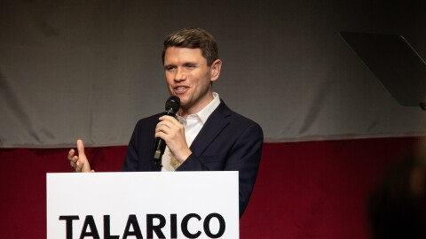 Democrat U.S. Senate candidate James Talorico speaks to a crowd of 1,100 at Baylor University's Mark & Paula Hurd Welcome Center during a campaign stop on September 16, 2026.