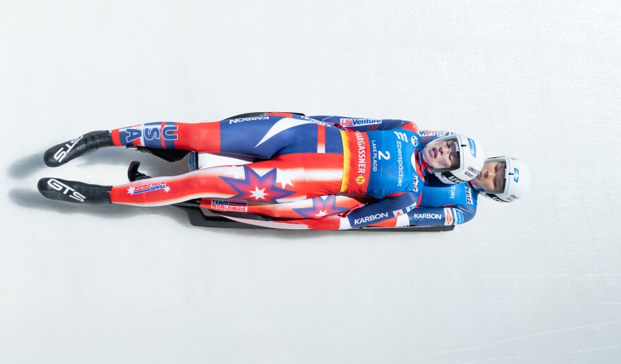 Sophia Gordon and her partner Maya Chan (front) of Team USA mid-track run. The pair traveled to the 2026 Winter Games as alternates.