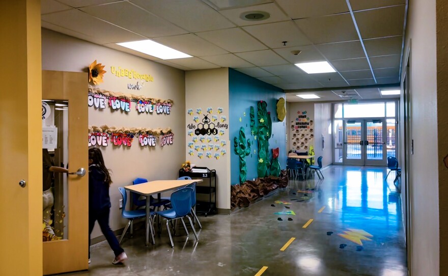 DVA's hallways are colorful and feature lane markings to help control traffic when students are walking down them.