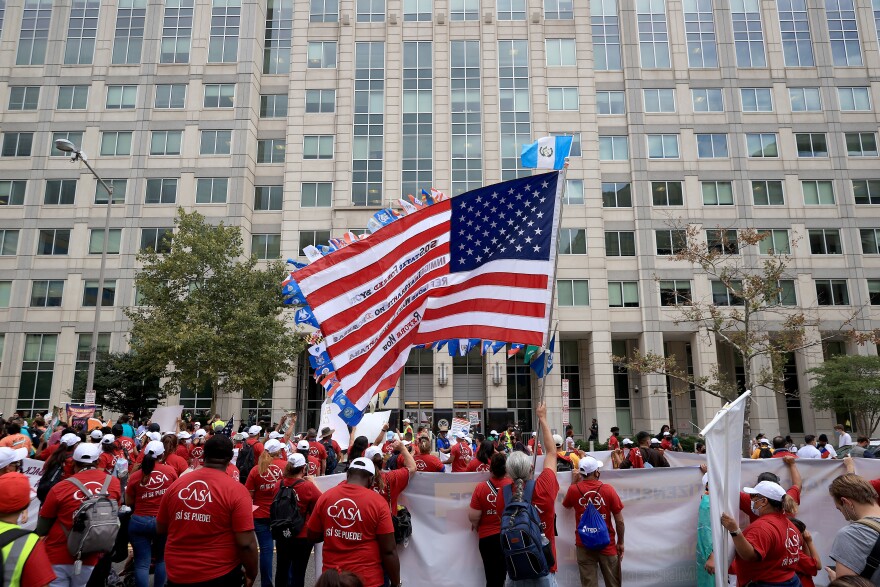 Thousands of demonstrators rally in the street outside Immigration and Customs Enforcement headquarters while demanding a pathway to citizenship for the more than 11 million undocumented immigrants living in the United States on September 21, 2021 in Washington, DC.