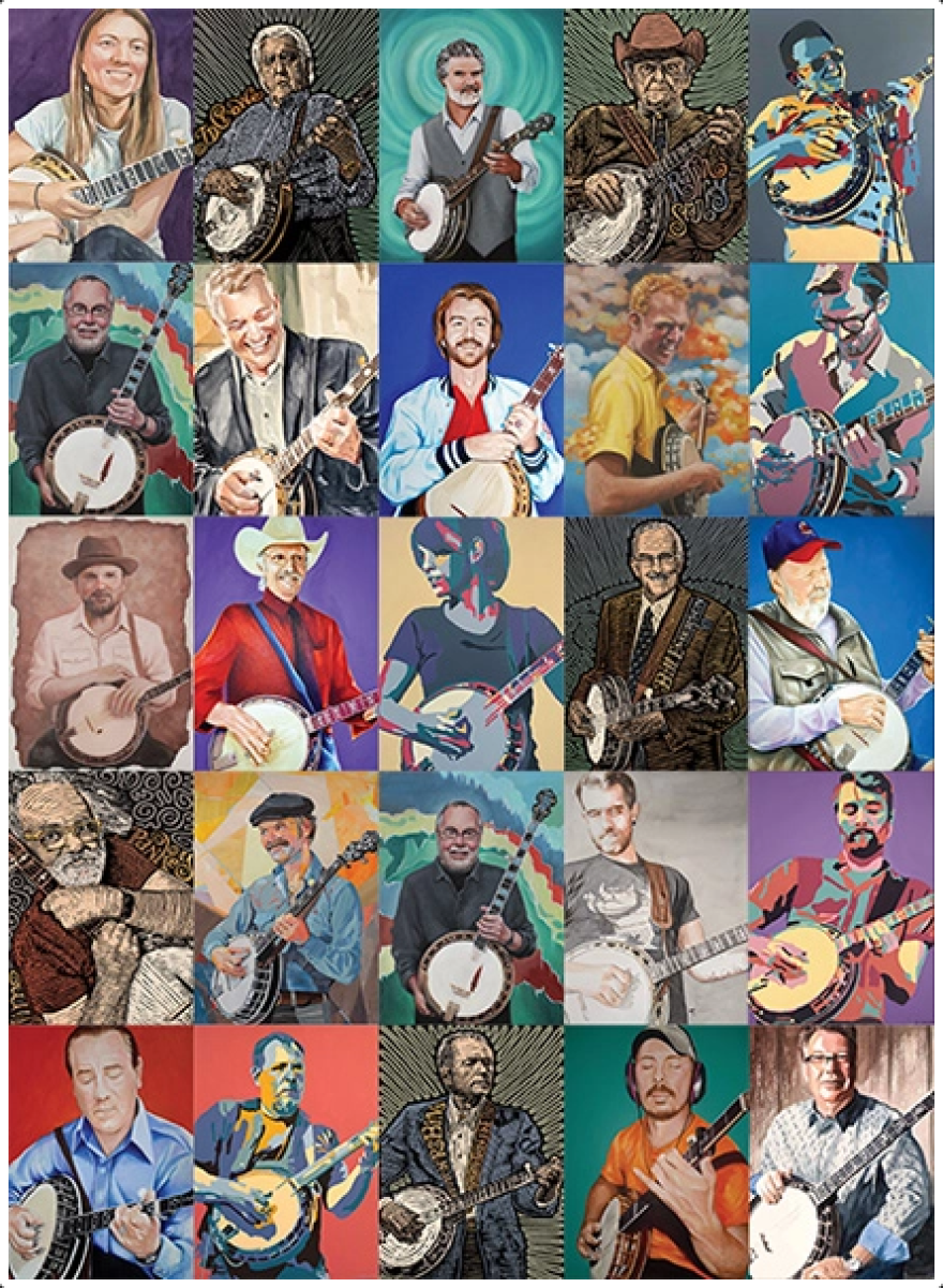 A collage of banjo player trading cards