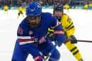 United States' Laila Edwards (10) challenges with Sweden's Felizia Wikner Zienkiewicz (29) during a women's ice hockey semifinal game between the United States and Sweden at the 2026 Winter Olympics, in Milan, Italy, Monday, Feb. 16, 2026.  