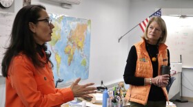 Mary Peltola and Lisa Murkowski talk about their jobs in the U.S. House and Senate to Dillingham's high school government class. Oct. 31, 2022.