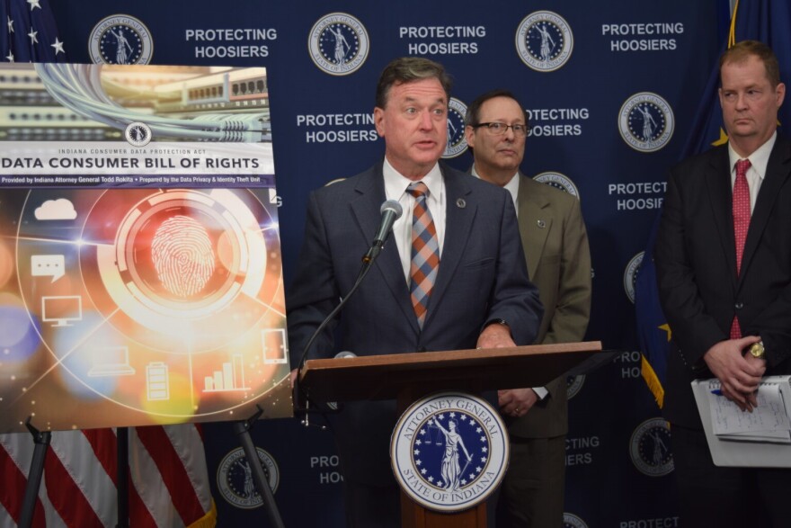 Indiana Attorney General Todd Rokita and staff from the office’s Consumer Protection Division discuss a new “Consumer Data Protection Bill of Rights” during a news conference on Tuesday, Nov. 25, 2025, in Indianapolis.